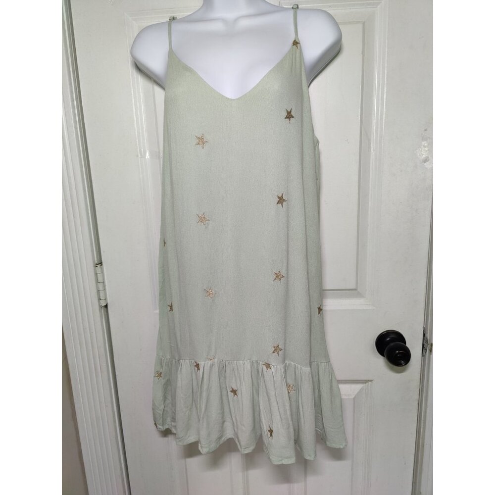 Storia Mint Green Mini Slip Dress W Ruffle Hem & Gold Stars Double V-Neck S NWT